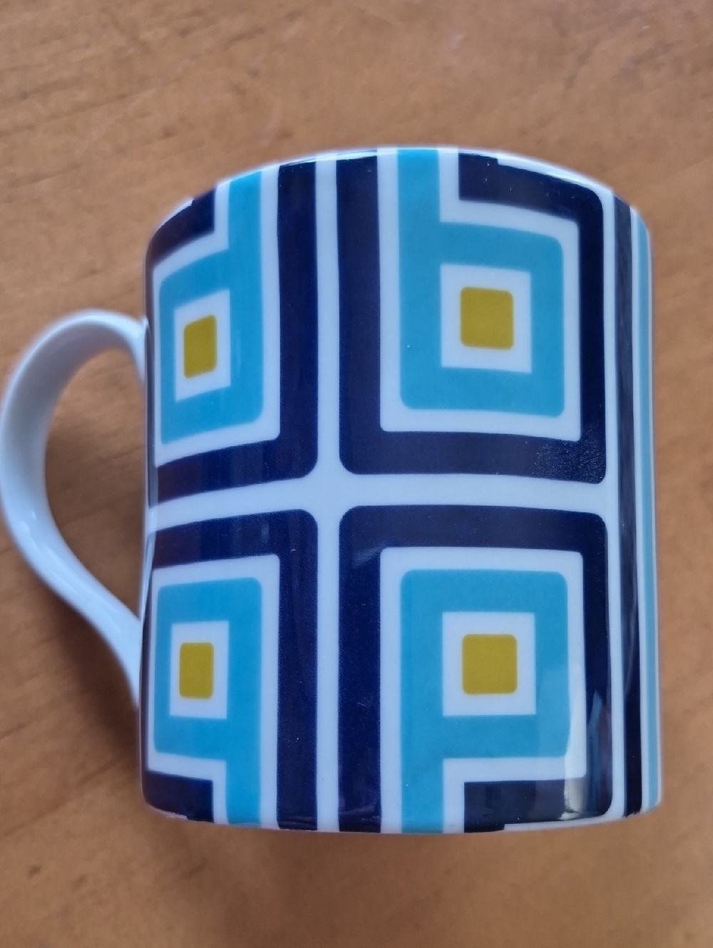Rare Jonathan Adler Ceramic Geometric Pattern Mug in Teal, Navy & Gold. 12 oz